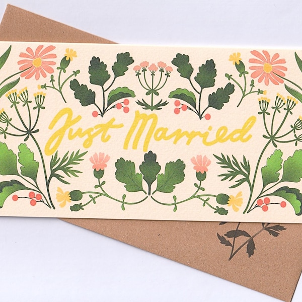Just Married wedding card floral congratulations