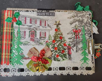 Cadernos decorados de Natal em vermelho e verde com lápis de jornal reciclado estilo vintage anexado