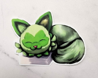 Pegatina de Sprigatito durmiendo sobre una pila de papeles - Vinilo mate premium