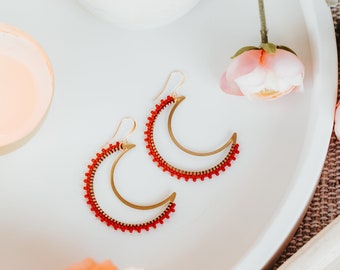 Red Earrings, Crescent Moon Earrings, Statement Earrings,  30th Birthday Gifts for Women, Best Friend Gift