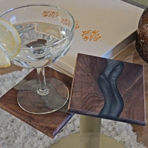 Wood Coaster Set for Drinks | Handmade with Dark Walnut & Natural Wood Sealant Finish for Water Resistance Easy Cleaning| Epoxy Resin River