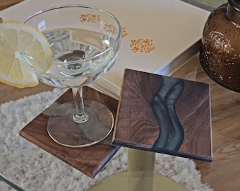 Wood Coaster Set for Drinks | Handmade with Dark Walnut & Natural Wood Sealant Finish for Water Resistance Easy Cleaning| Epoxy Resin River