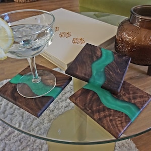 Wood Coaster Set for Drinks | Handmade with Dark Walnut & Natural Wood Sealant Finish for Water Resistance Easy Cleaning| Epoxy Resin River
