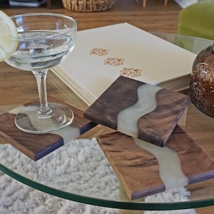 Wood Coaster Set for Drinks | Handmade with Dark Walnut & Natural Wood Sealant Finish for Water Resistance Easy Cleaning| Epoxy Resin River