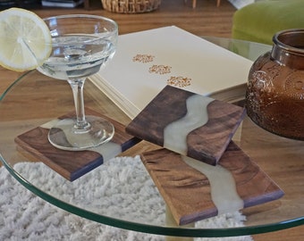 Wood Coaster Set for Drinks | Handmade with Dark Walnut & Natural Wood Sealant Finish for Water Resistance Easy Cleaning| Epoxy Resin River