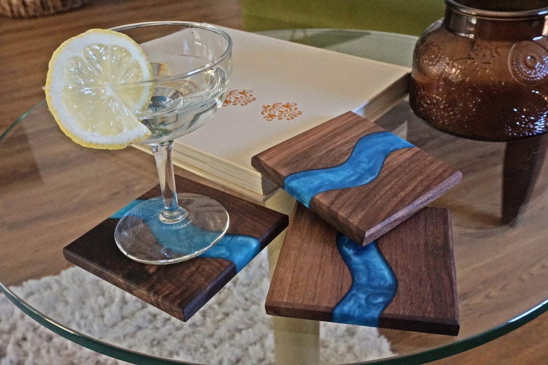 Wood Coaster Set for Drinks Handmade With Dark Walnut & Natural Wood