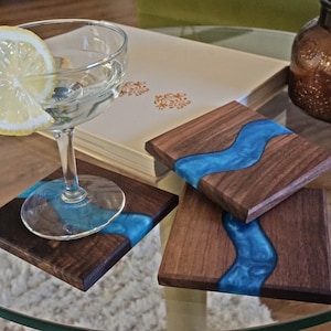 Wood Coaster Set for Drinks | Handmade with Dark Walnut & Natural Wood Sealant Finish for Water Resistance Easy Cleaning| Epoxy Resin River
