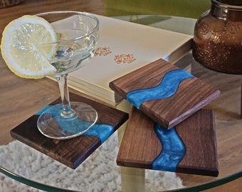 Wood Coaster Set for Drinks | Handmade with Dark Walnut & Natural Wood Sealant Finish for Water Resistance Easy Cleaning| Epoxy Resin River