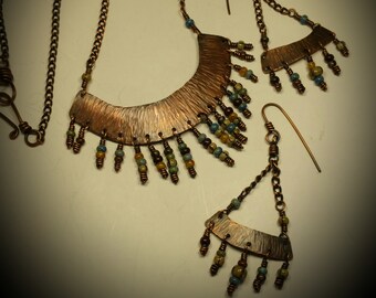 Hammered and Beaded Copper Necklace and Earrings Set