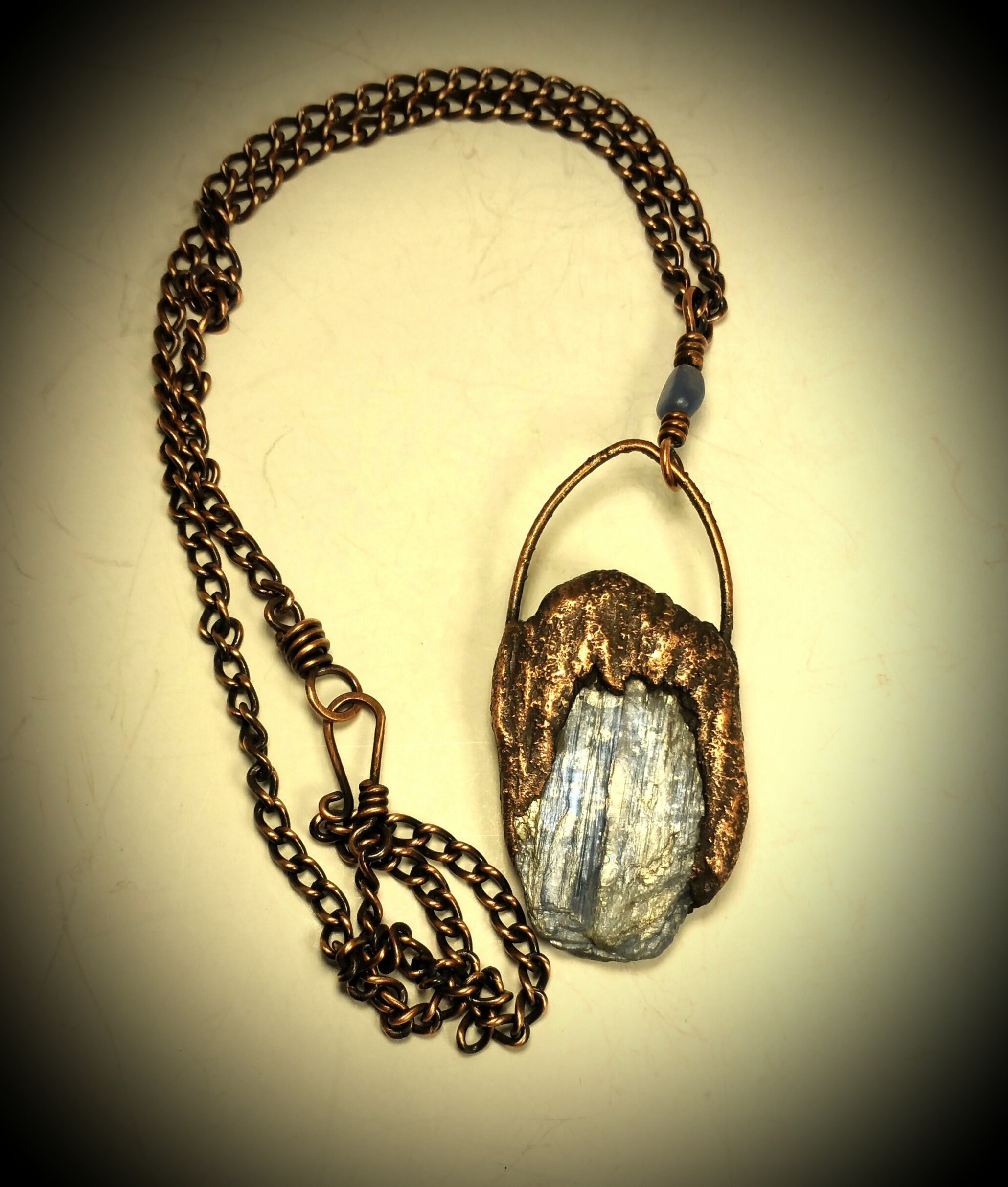 Blue Kyanite Blade and Raw Rutile Necklace  Electroformed Jewelry  Tiger Eye Hand Knotted Beaded Necklace