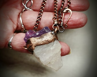 Copper Electroformed Rose Quartz and Amethyst Pendant Necklace