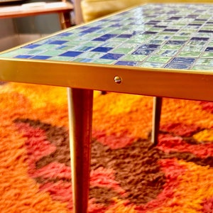 Mid Century Mosaic Tile Coffee Table / blue green glaze MCM Boho Decor / Shipping Not Included