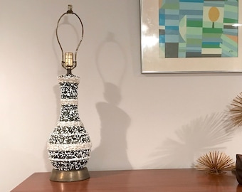 Mid Century Lamp / Black White & Gold Ceramic Splatter Glaze Speckled / Vintage Table Lamp