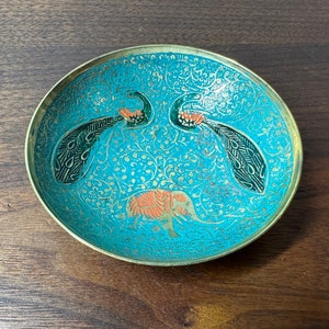 Mid Century Enamel Dish / Peacocks Elephant Turquoise Orange Green Blue/  Birds Candy Key Jewelry Dish