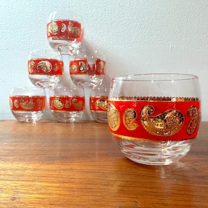 Verres à cocktail Mid-Century Culver Large Roly Poly rouge et or Paisley Barware Whisky Old Fashioned Hollywood Regency, lot de 7 / MCM