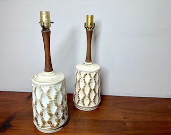 Mid Century Modern Table Lamps: Ceramic Chalkware Teak Pair