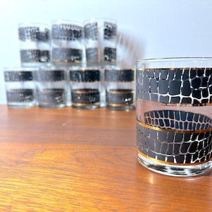 Georges Briard Mid Century Modern Cocktail Glasses: Black & Gold Animal Print, Set of 8