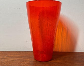 Vintage oranje craquelé glazen vaas - moderne Blenko-stijl uit het midden van de eeuw