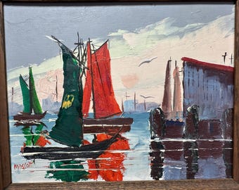Pintura de barco de mediados de siglo: óleo náutico sobre tabla firmado