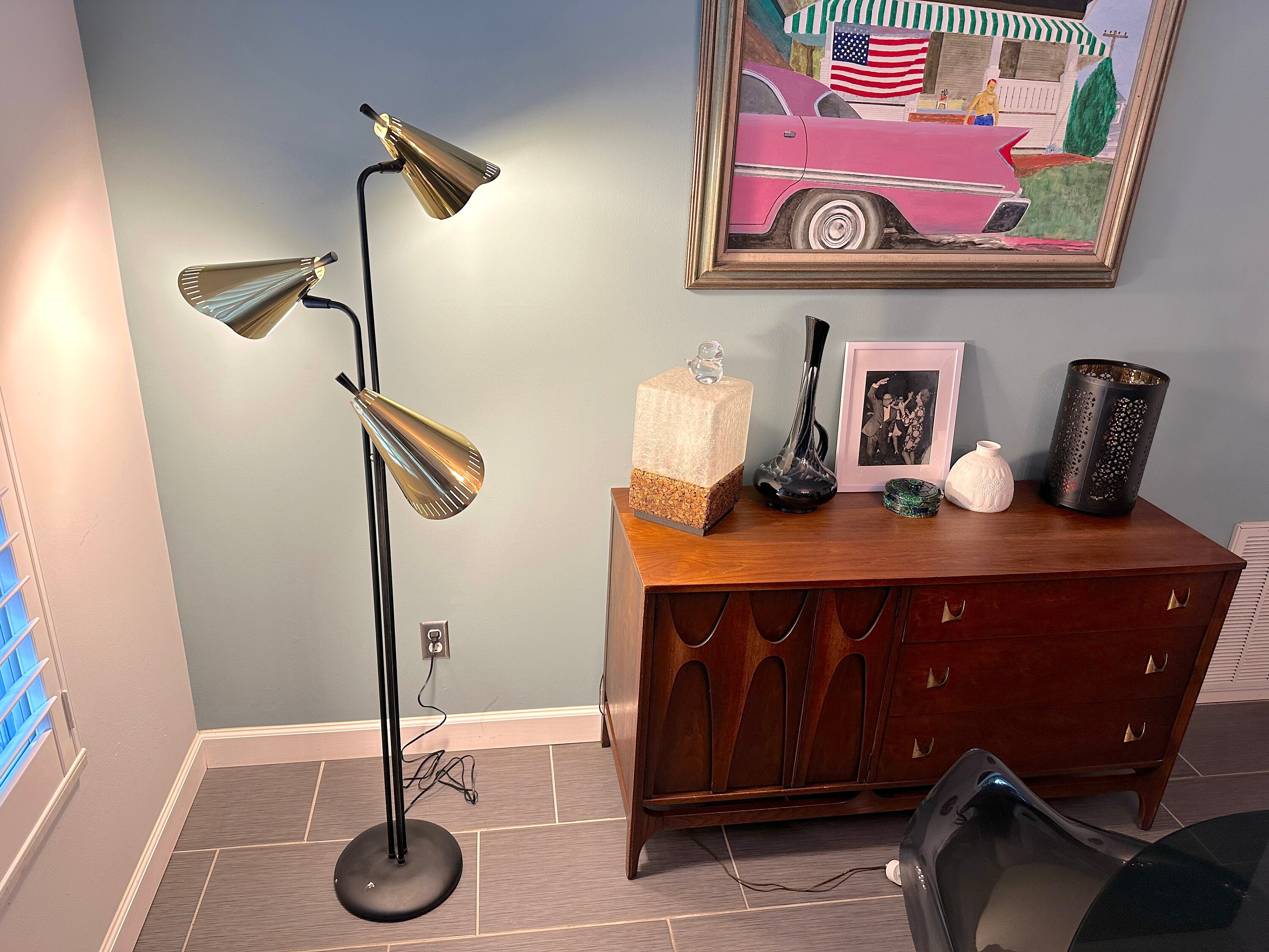 Mid Century 3 Head Floor Lamp / Black & Brass Gold Cones