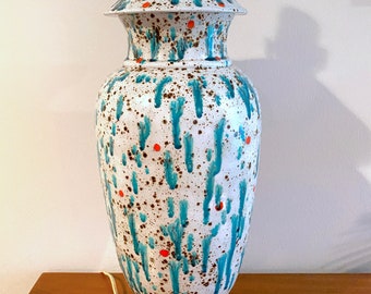 Mid Century Lamp / White Turquoise Orange Black Ceramic Drip Glaze / Vintage MCM / Style of Royal Haeger / Retro Coastal Boho Groovy