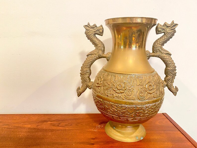 Large Brass Urn / 2 Handle Dragon Floral Pattern / Vase Etsy