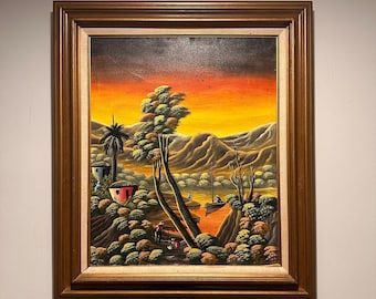 Haitian Landscape Painting - Vintage MCM Mid Century - Caribbean Island Art