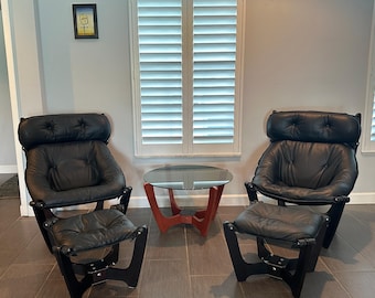 Mid Century Modern Luna Chair Pair – Black Leather Sling with Ottomans