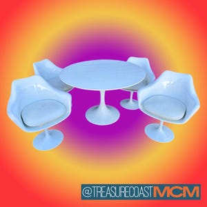 Mid Century Modern Tulip Dining Set: White Round Table & Armchairs