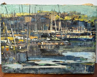 MId Century Landscape Impressionist Oil Painting /Nautical Marina Boats / Kwang Woong 20C Korean Artist / MCM Vintage Small Abstract Art