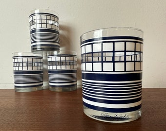 Mid Century Modern Cocktail Glasses / Georges Briard Navy & White Stripes Nautical Vibe / Set of 4 / lowball rocks whiskey barware