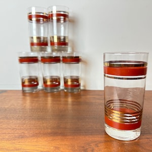 Vintage Mid Century Modern Highball Glasses: Burgundy & Gold Barware, Set of 6