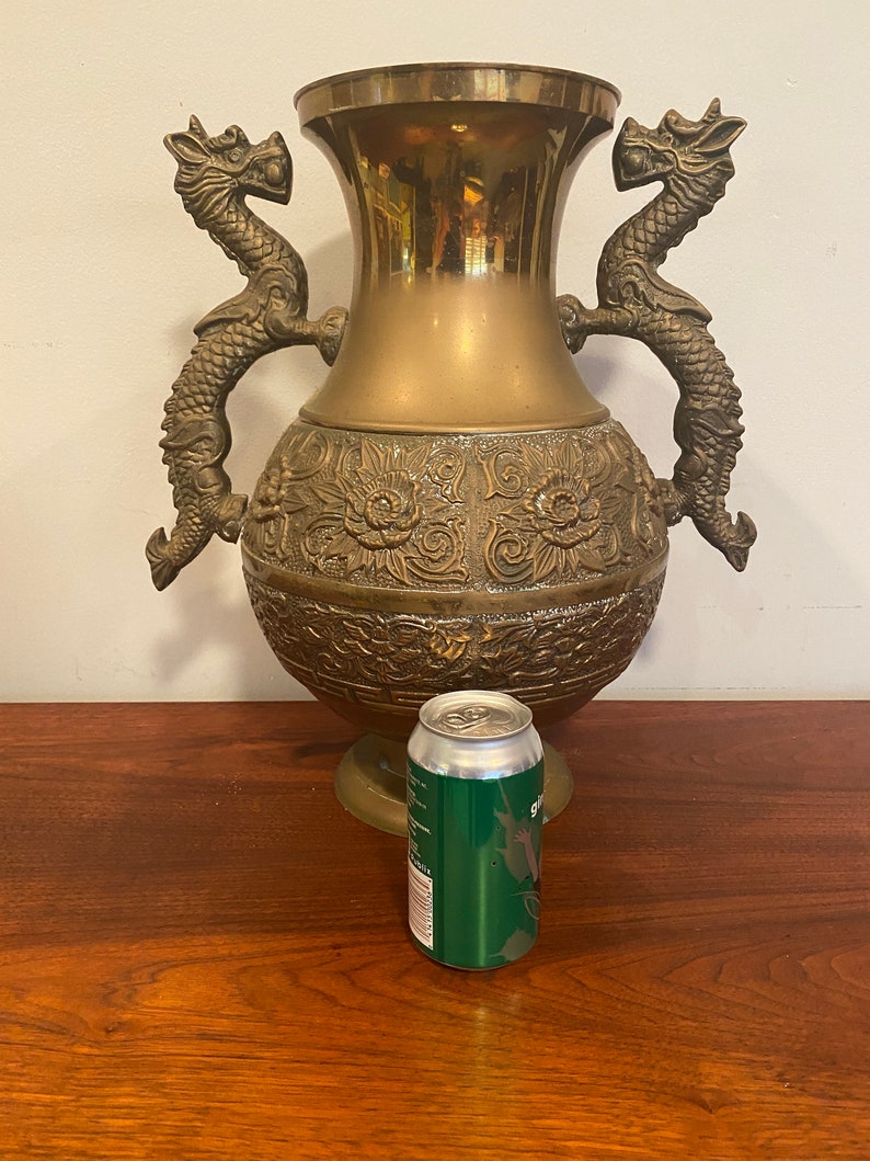 Large Brass Urn / 2 Handle Dragon Floral Pattern / Vase Etsy