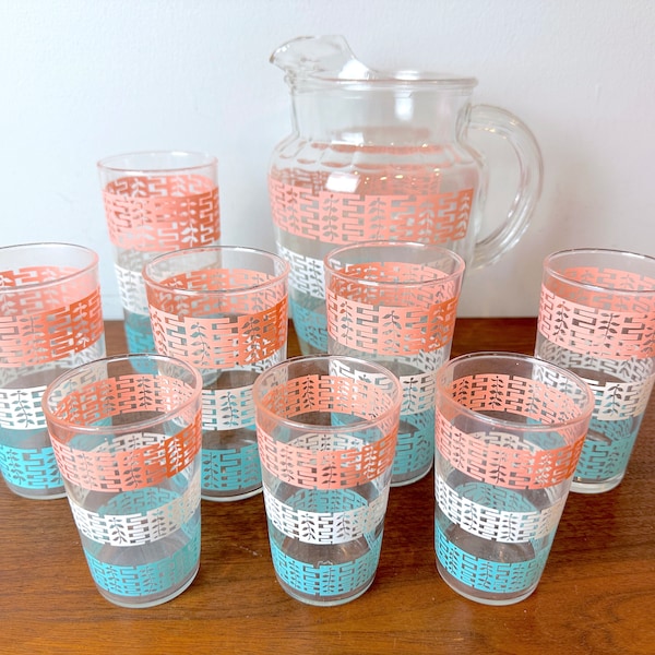 Mid Century Modern Gläser / Anker Hocking Pink, Türkis, Weiß Set / Saft Tee Wasserkrug / 9 Stück gesamt / Vintage