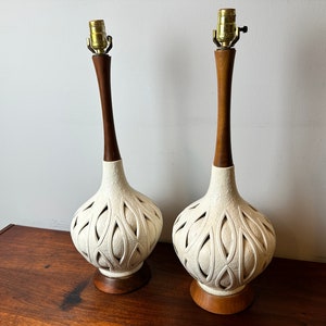 Mid Century Lamp PAIR / White with Walnut base & neck accents + woven hollow ceramic pattern with nightlights  / MCM Retro Lamp