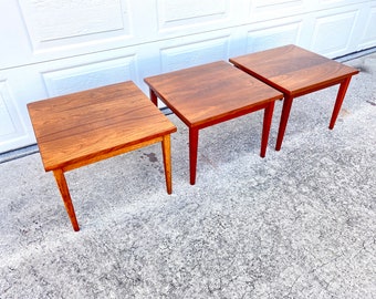 Mid Century Walnut End Tables / Set of 3 Wood Stacking Side Tables / coastal boho vintage mcm style