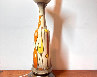 Mid Century Modern Ceramic Hourglass Lamp: Orange, Yellow & Beige