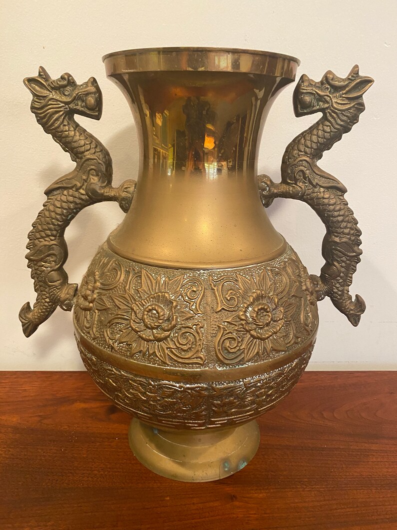 Large Brass Urn / 2 Handle Dragon Floral Pattern / Vase Etsy