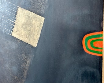 May include: Abstract art painting with a gold square, green and orange curved lines, and a black background.