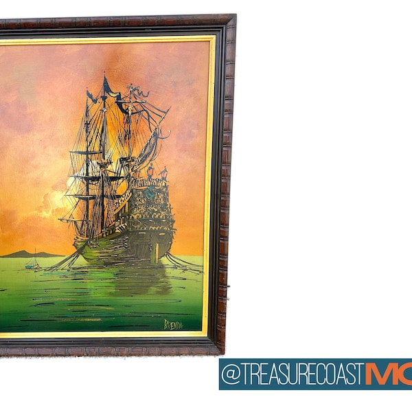 Vintage Mid Century Painting on Board / Galleon Sailing Pirate Ship / MCM Style of Vanguard Studios VanGaard Reynolds