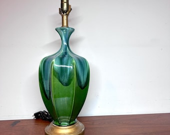 Mid Century Lamp / Ceramic Blue Green Aqua Drip Glaze / Vintage MCM Boho Coastal Hollywood Regency Decor Lamp - Style of Royal Haeger