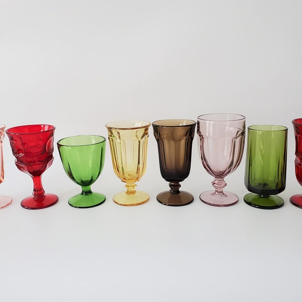 Set of 8 VINTAGE Mismatched Glass Water Goblets | Boho Wedding Reception Tableware | Retro Jewel Tones : Red Pink Purple Yellow Green Brown