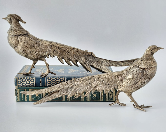 VINTAGE Pheasant Figurines Made in ITALY Silver Tone Metal Italian Bird