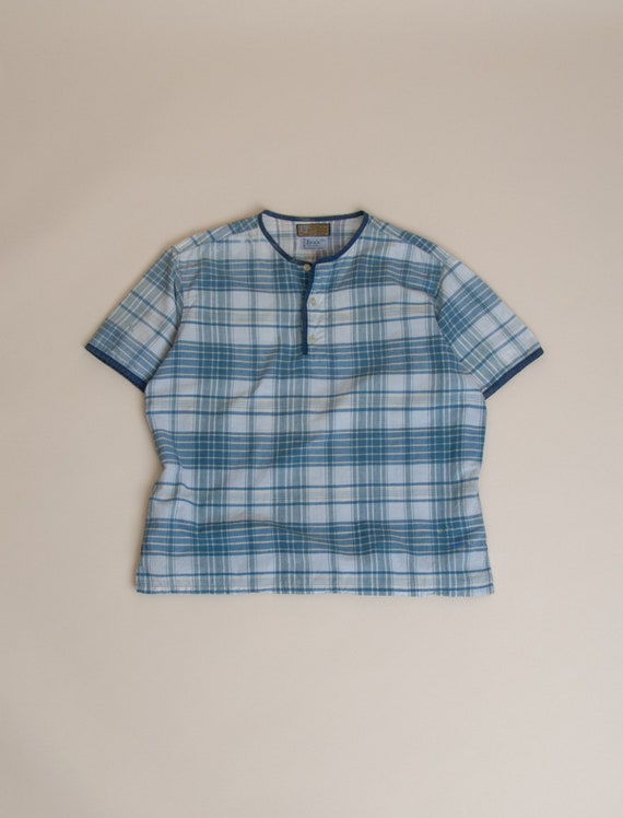 1960's M/L Madras Plaid Henley Pullover Shirt by D
