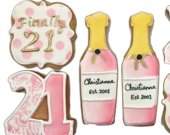 21st Birthday Champagne Cookies- Set of 6 Crunchy Shortbread Cookies Individually Wrapped by BakersDozenToGo