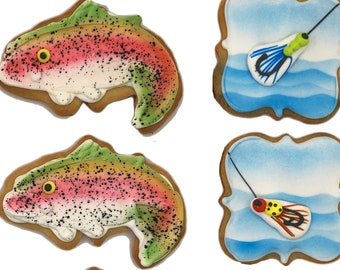 Trout Cookies and Fishing Fly Lures- Set of 6 Crunchy Shortbread Cookies Individually Wrapped by BakersDozenToGo