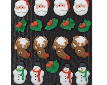Mini Christmas Assortment Topper- 24 pcs Edible Icing Cake Topper Cupcake Decoration by BakersDozenToGo Santa Snowman Reindeer Rudolf Holly