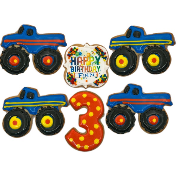 Monster Truck Cookies- Set of 6 Crunchy Shortbread Cookies Individually Wrapped by BakersDozenToGo