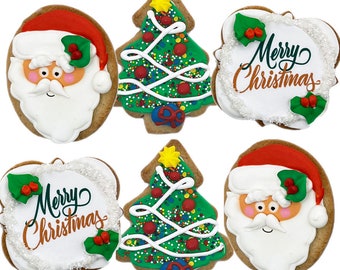 May include: Six Christmas-themed sugar cookies decorated with white icing. Two cookies feature a green Christmas tree with red and white sprinkles and a yellow star on top. Two cookies feature a white-bearded Santa Claus with a red hat. Two cookies feature the words "Merry Christmas" in brown icing.