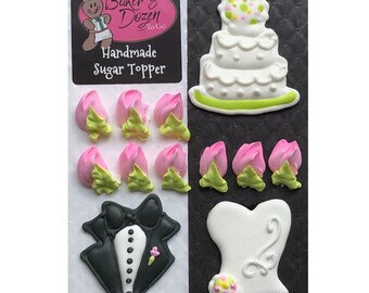 Wedding Cake Assortment - 12 pcs Edible Icing Bride Dress Groom Tux Pink Rosebud Cake Topper Cupcake Decoration Handmade by Bakersdozentogo